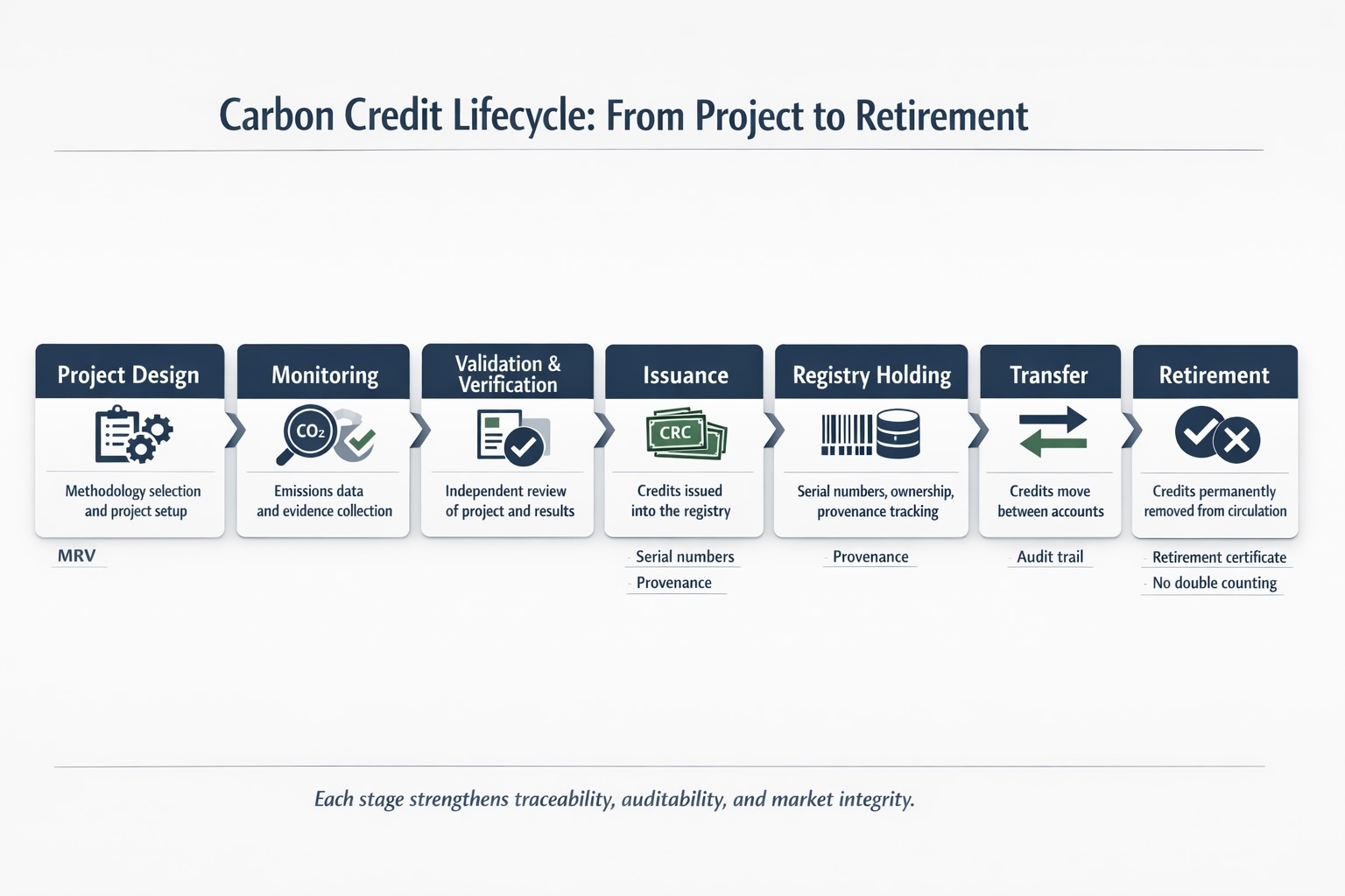 Flow diagram of the carbon credit lifecycle from project design to retirement.